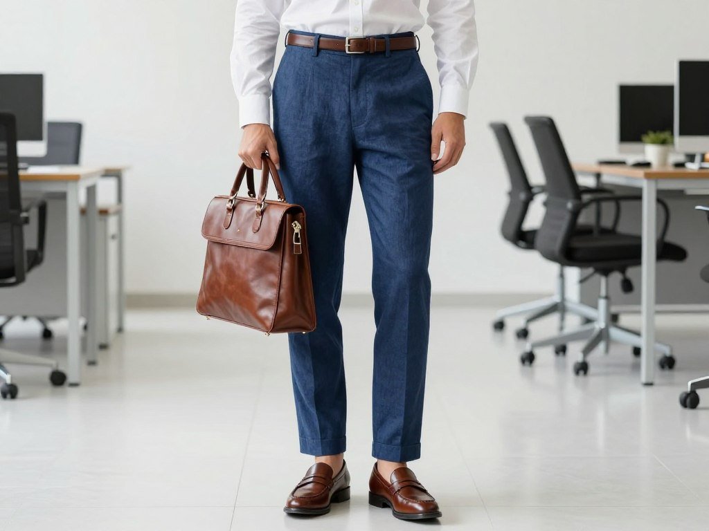 Professional wearing tailored blue linen pants with a crisp white button-down shirt and loafers