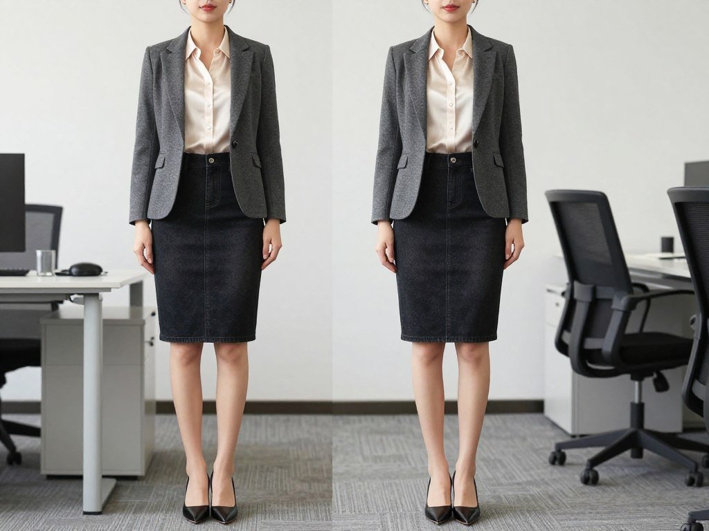 Professional woman wearing a black denim skirt styled with a blazer and heels for a work-appropriate outfit