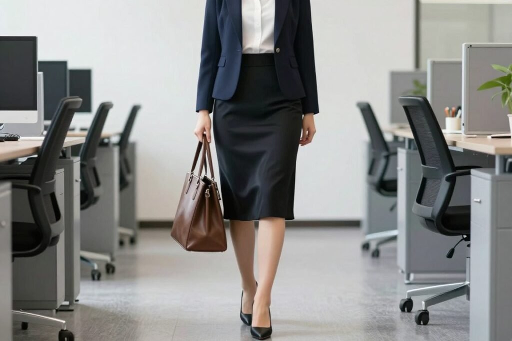 Professional woman wearing a black silk skirt with a white button-down shirt and tailored navy blazer