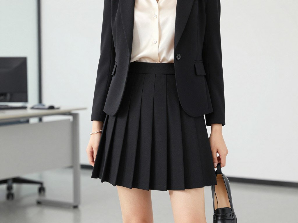 Professional woman wearing a black tennis skirt outfit with a tailored blazer and loafers in an office setting