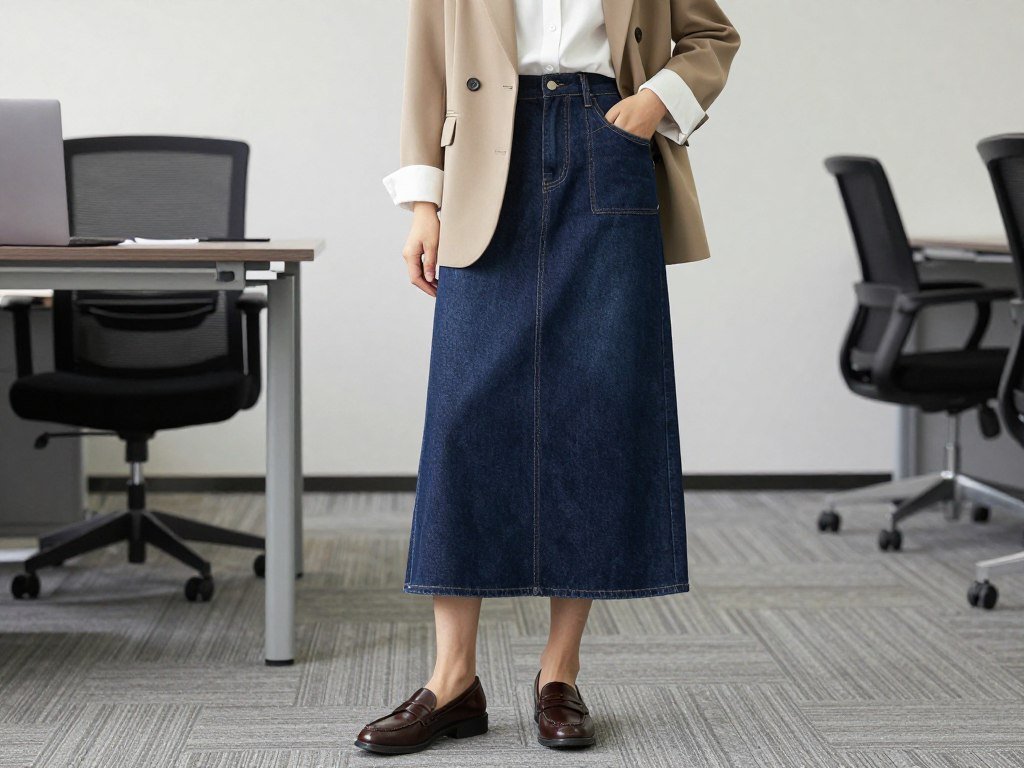Professional woman wearing a dark wash denim maxi skirt with a tailored blazer and loafers in an office setting