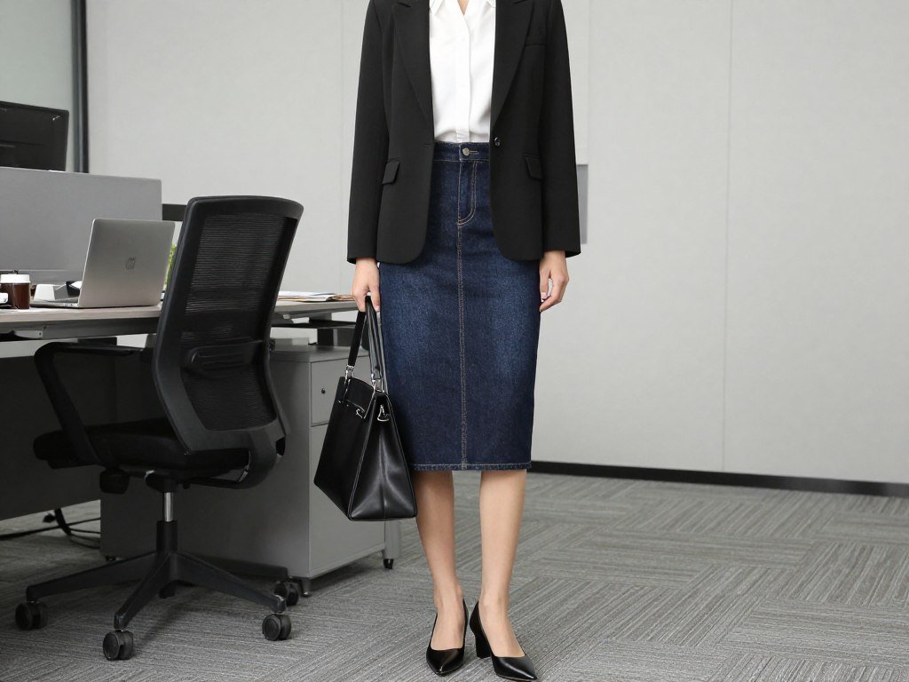 Professional woman wearing a dark wash denim midi skirt outfit with a tailored blazer and classic pumps