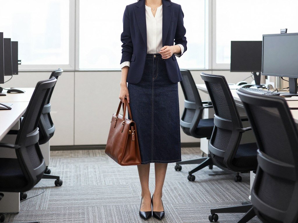 Professional woman wearing a long jean skirt with a tailored blazer and pumps for a business casual office look