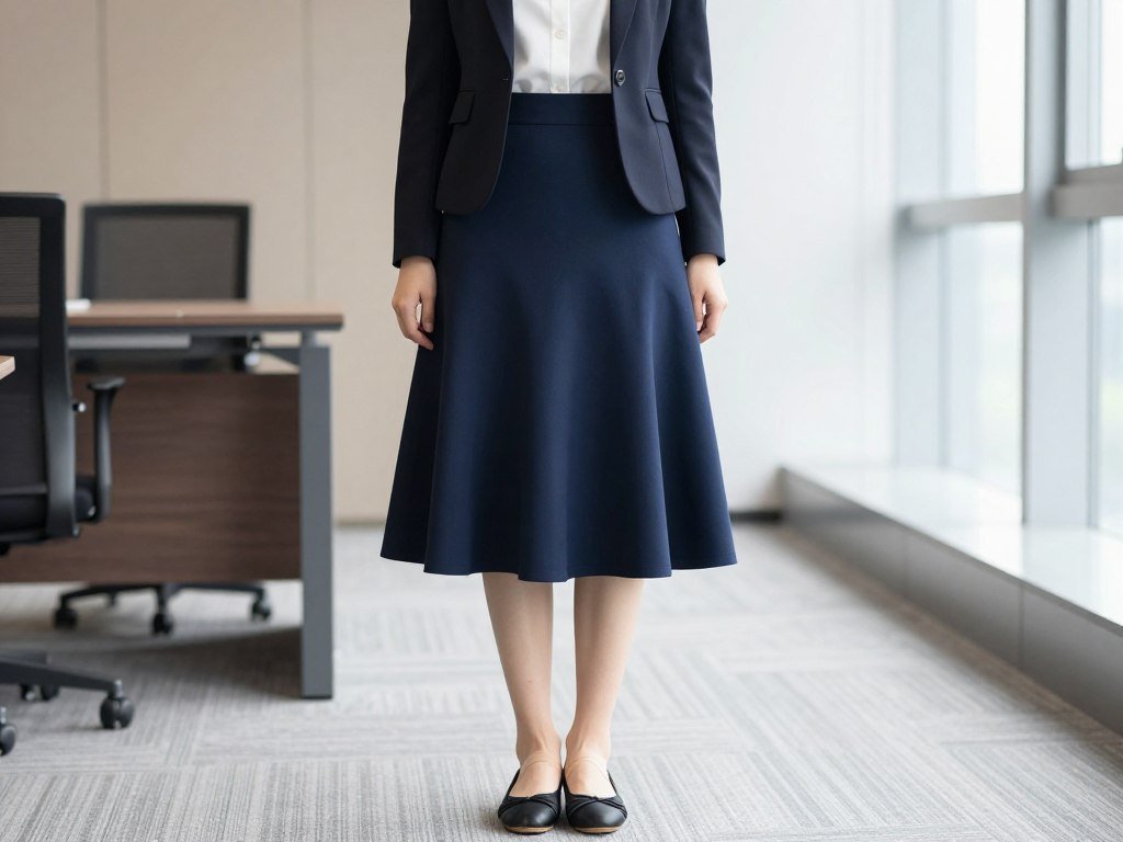 Professional woman wearing a midi bubble skirt with blazer and ballet flats for an office-appropriate outfit
