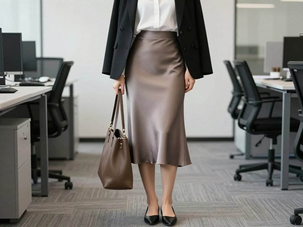 Professional woman wearing a taupe satin midi skirt with white button-down shirt and black blazer for office satin skirt outfit