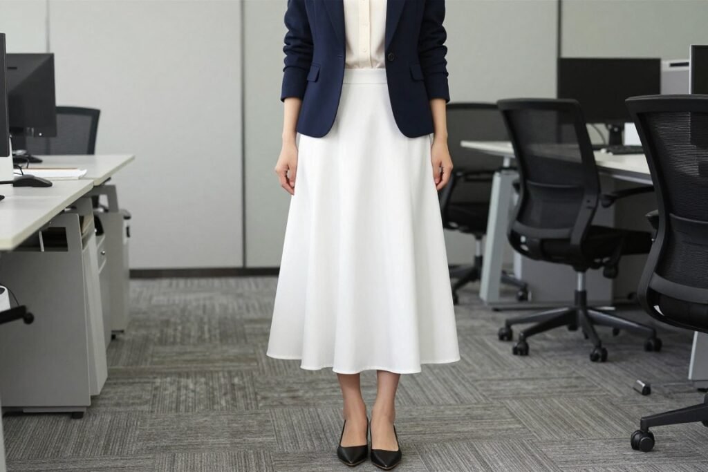 Professional woman wearing a white poplin maxi skirt with a structured navy blazer and pointed-toe flats in an office setting
