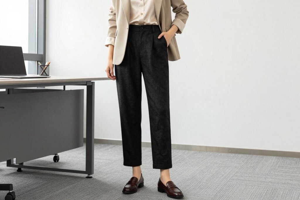 Professional woman wearing black linen pants with a structured blazer and loafers for an office-appropriate black linen pants outfit