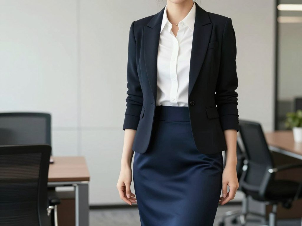 Professional woman wearing navy silk skirt with white button-down and blazer
