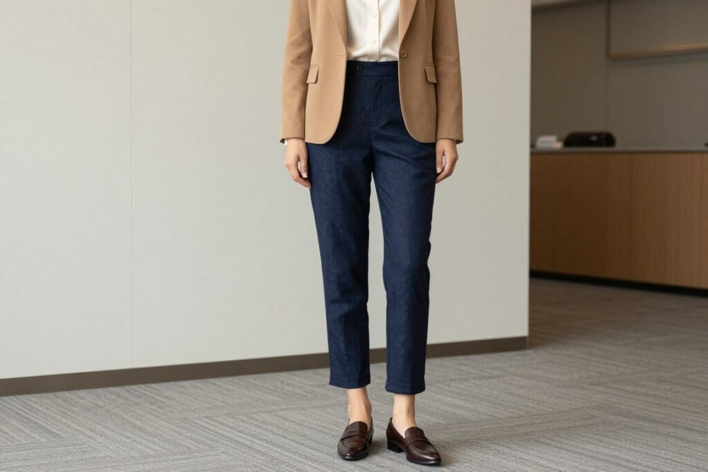 Professional woman wearing tailored linen pants with blazer in office setting