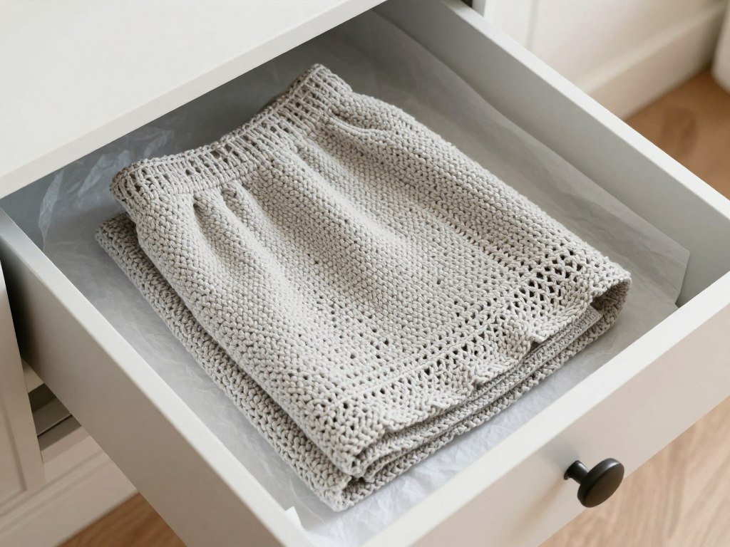 Properly folded crochet skirt being stored with tissue paper