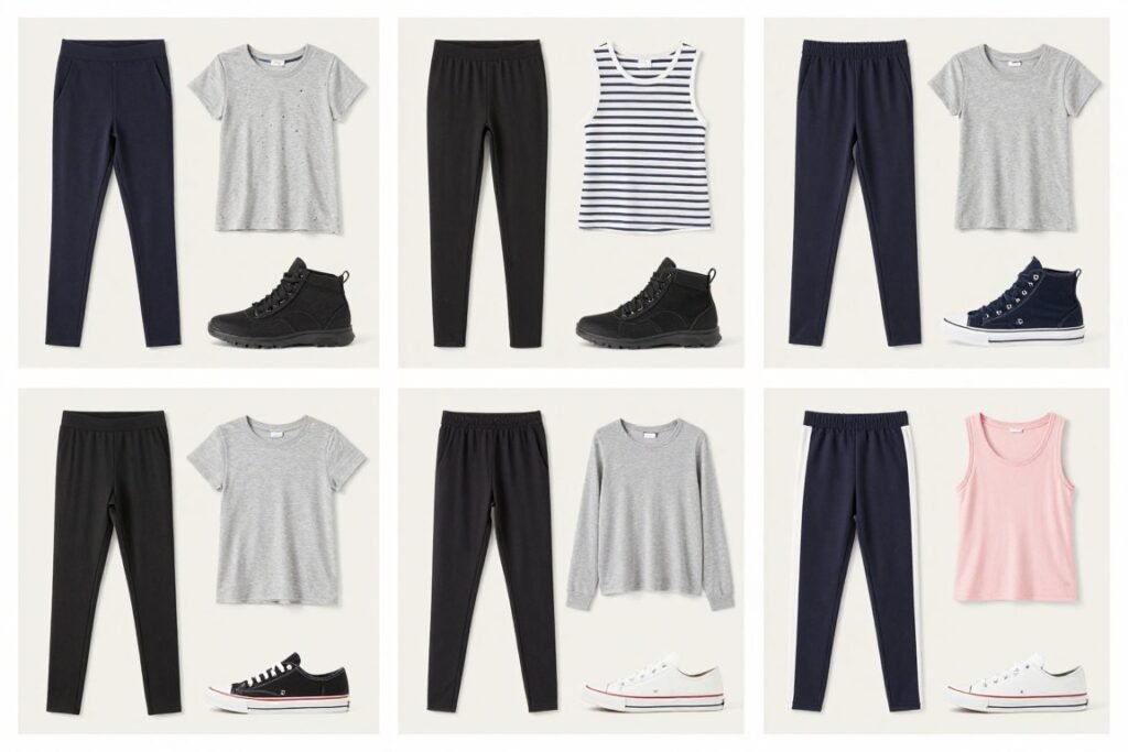 Quick morning outfit formulas with leggings for school