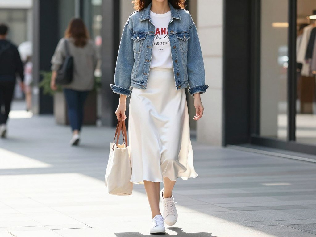 Relaxed outfit with white satin skirt, graphic t-shirt, denim jacket and white sneakers for shopping