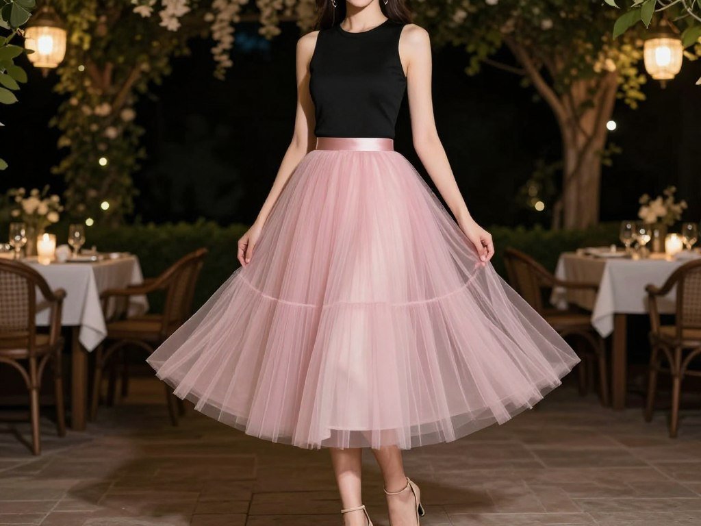 Romantic pink tulle skirt outfit with fitted top for special date nights