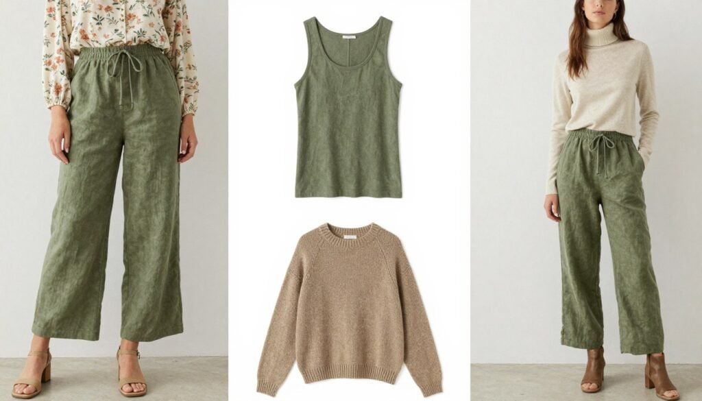 Seasonal styling collage showing green linen pants outfits for spring, summer, fall, and winter