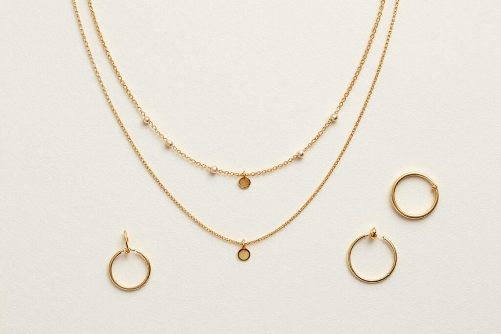 Selection of delicate spring jewelry pieces in gold tones