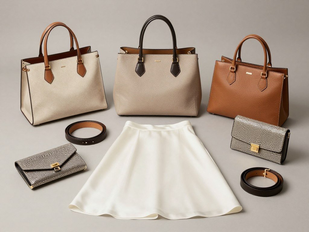 Selection of handbags and belts that complement white satin skirt outfits