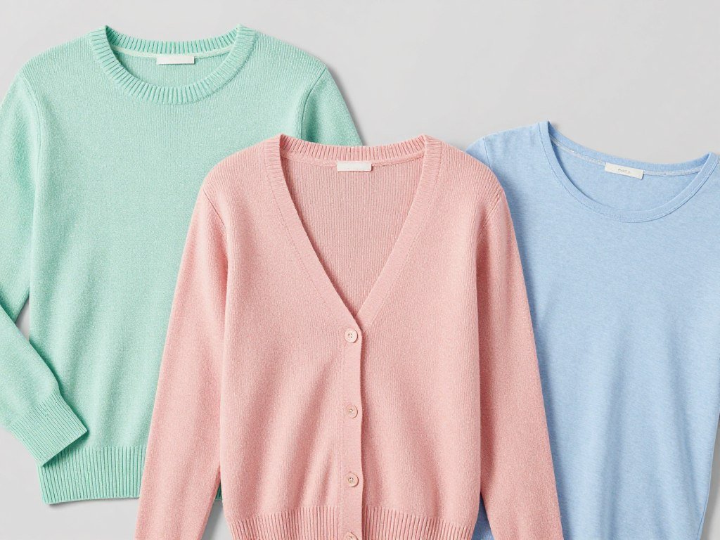 Selection of lightweight knits in spring colors for transitional outfits