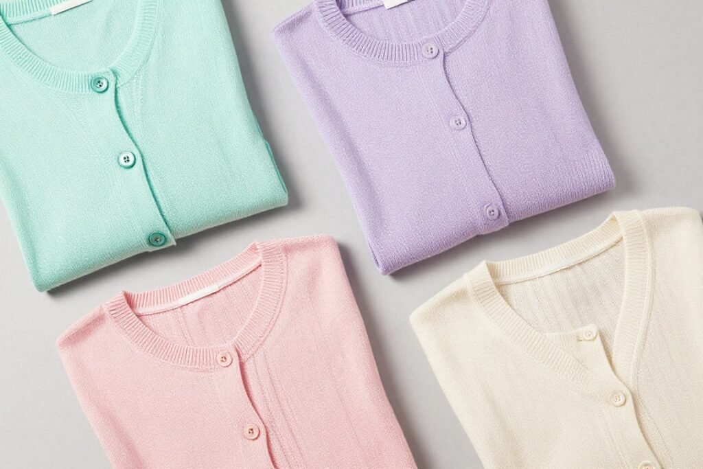 Selection of lightweight spring sweaters and cardigans in pastel colors