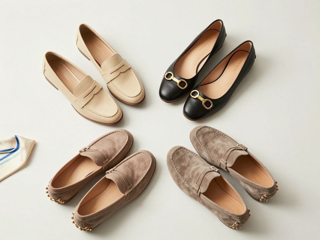 Selection of spring-appropriate loafers and flats in neutral colors