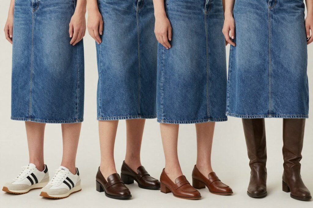 Shoe options to pair with midi jean skirts