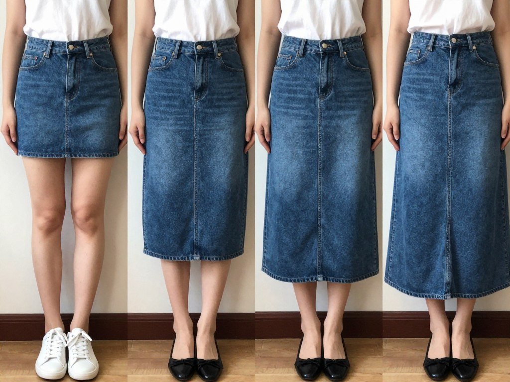 Side-by-side comparison of the same woman wearing denim skirts of different lengths to show how length affects proportion