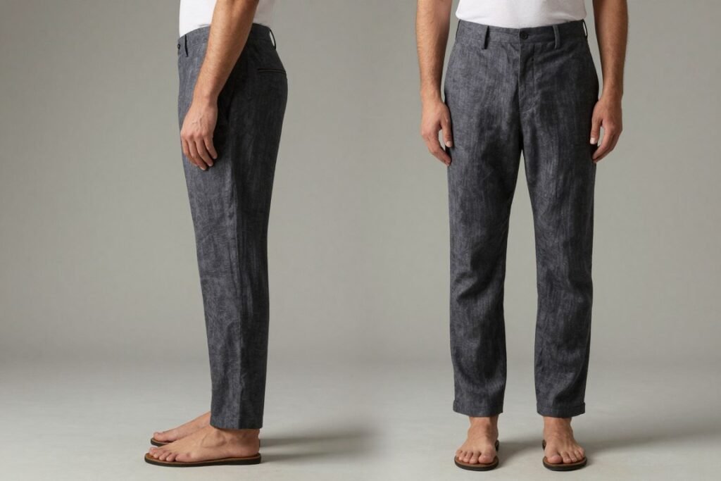 Side-by-side comparison of well-fitted linen pants showing proper length and waist fit on a male model