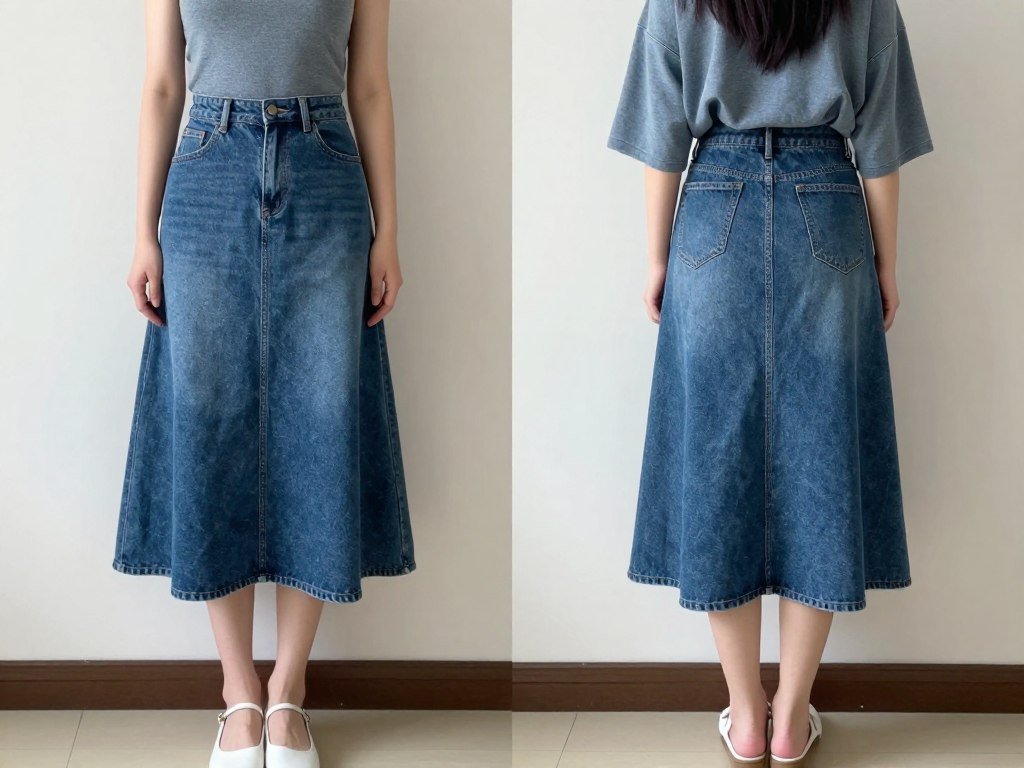 Side-by-side comparison showing balanced vs unbalanced proportions with denim skirt outfits