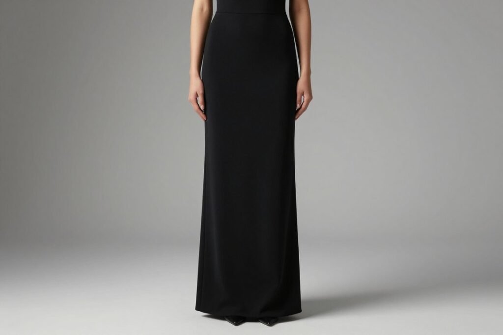 Sleek column long black skirt outfit creating a minimalist elegant look