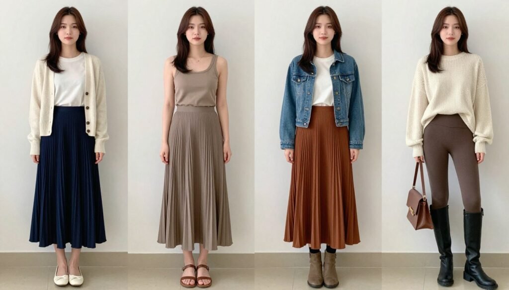 Split image showing the same long skirt styled for different seasons with appropriate layering and accessories