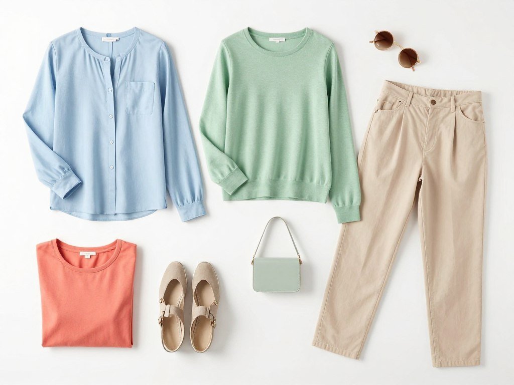 Spring color palette with pastel and earth tone clothing items arranged together - casual spring outfits women