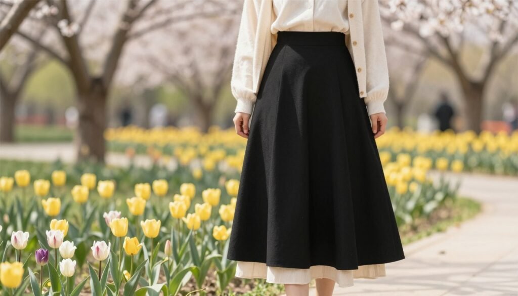 Spring long black skirt outfit with light layers and floral accents