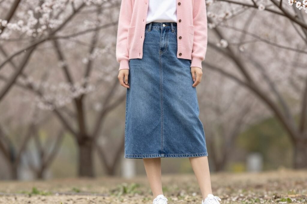 Spring midi jean skirt outfit with pastel cardigan and white t-shirt