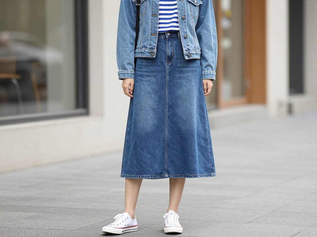 Spring outfit with long denim skirt, striped t-shirt and denim jacket
