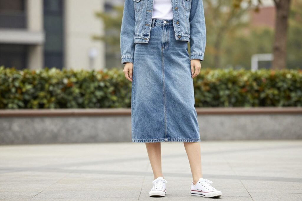 Spring outfit with midi jean skirt, light denim jacket and white tank top