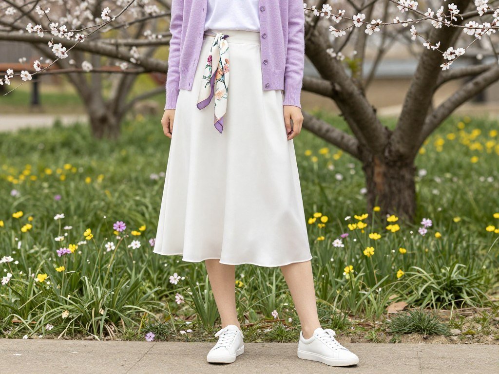 Spring outfit with white satin skirt, pastel cardigan and floral accessories