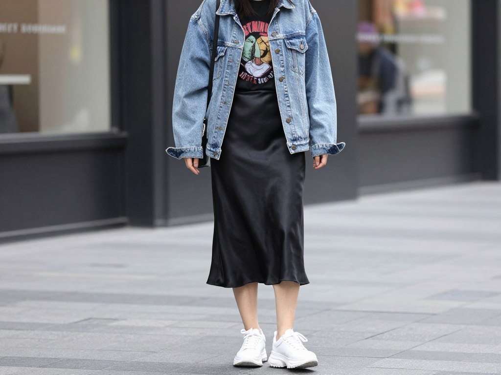 Street style outfit with black satin skirt, graphic t-shirt, oversized denim jacket and chunky sneakers
