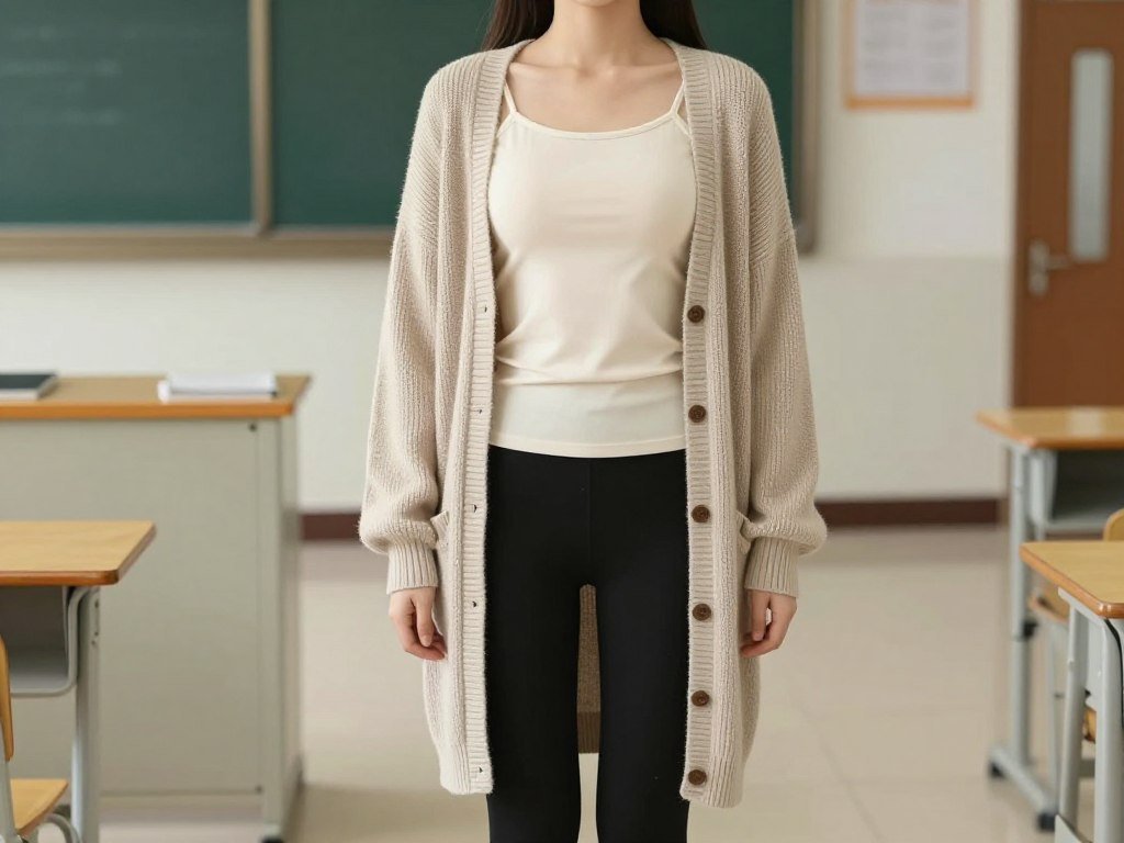 Student demonstrating proper proportion styling with leggings for school