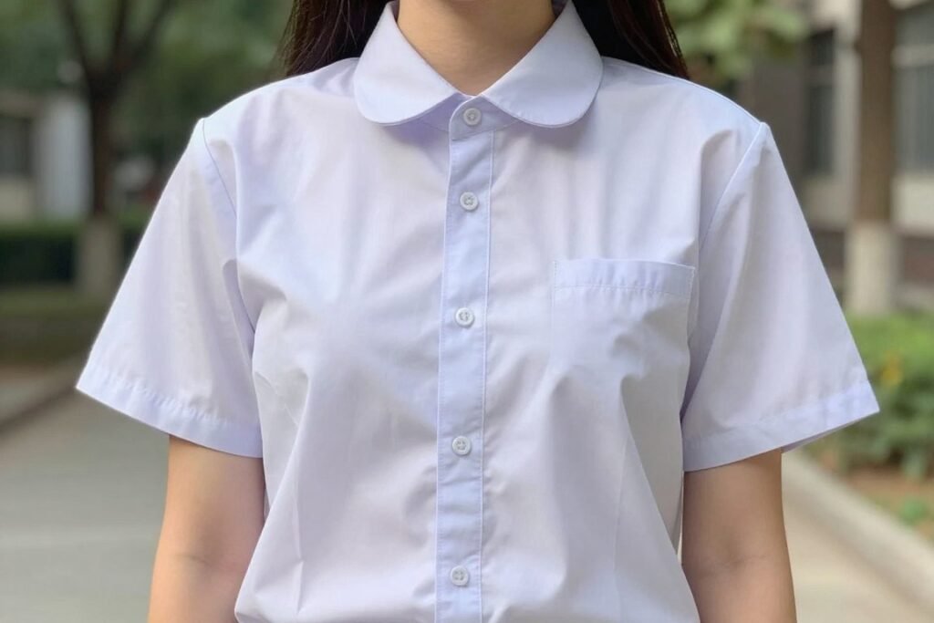 Student in summer-adapted school uniform with rolled sleeves