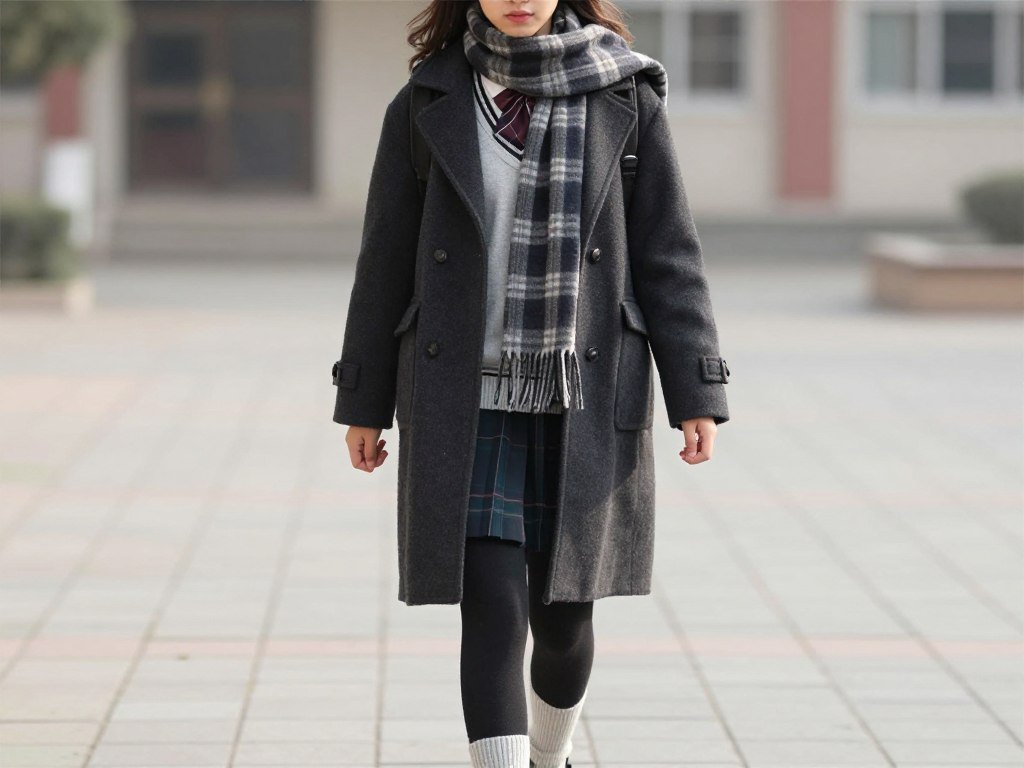 Student in winter-adapted school uniform with coat and scarf