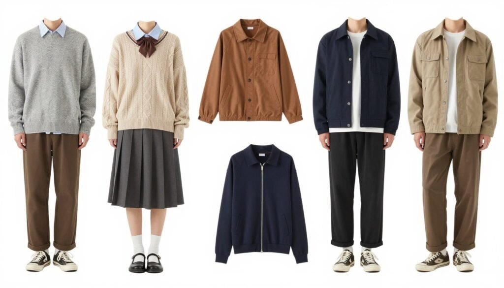 Student mixing and matching various winter clothing pieces to create different school outfits