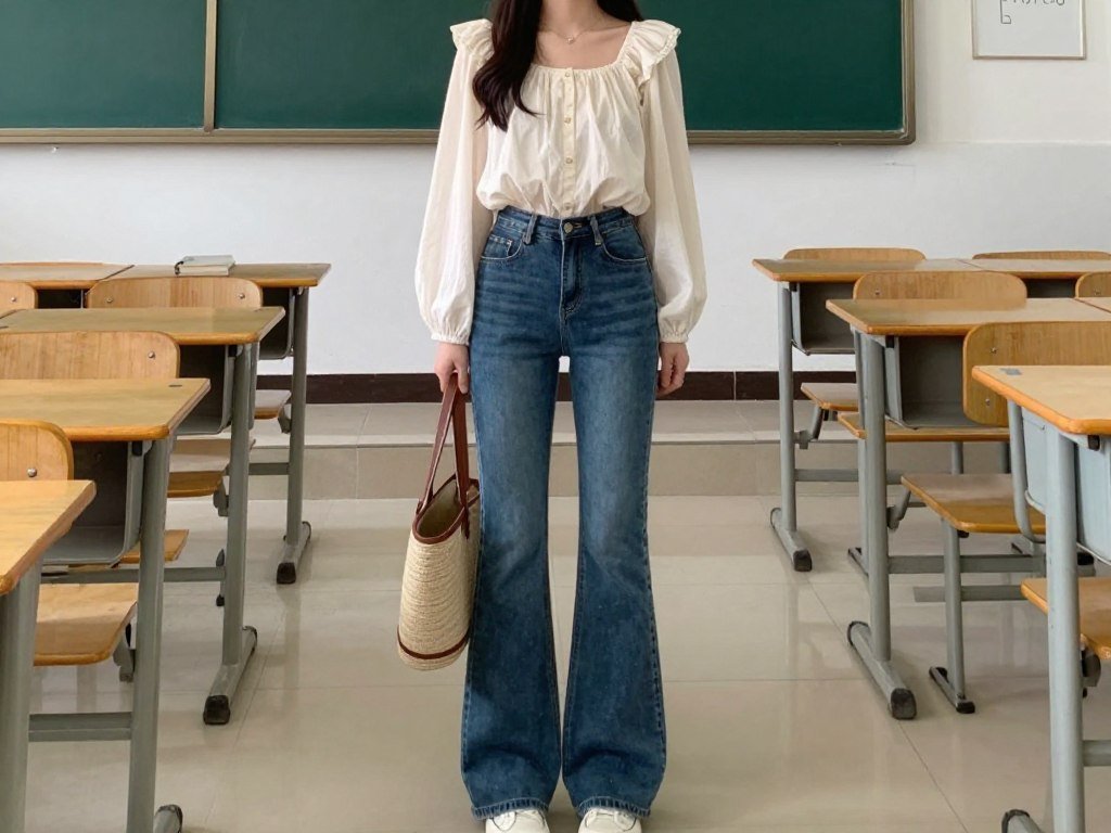 Student wearing a babydoll blouse with flare jeans and a woven bag