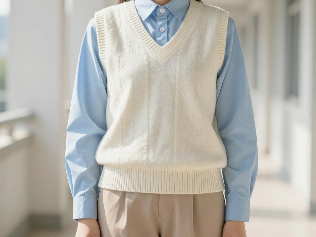 Student wearing a button-up shirt layered under a sweater vest for spring