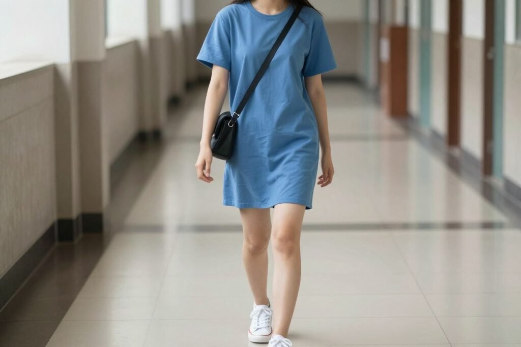 Student wearing a casual t-shirt dress with canvas shoes and a small crossbody bag for summer school outfit