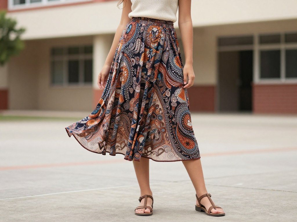 Student wearing a flowy midi skirt with a knit top and strappy sandals