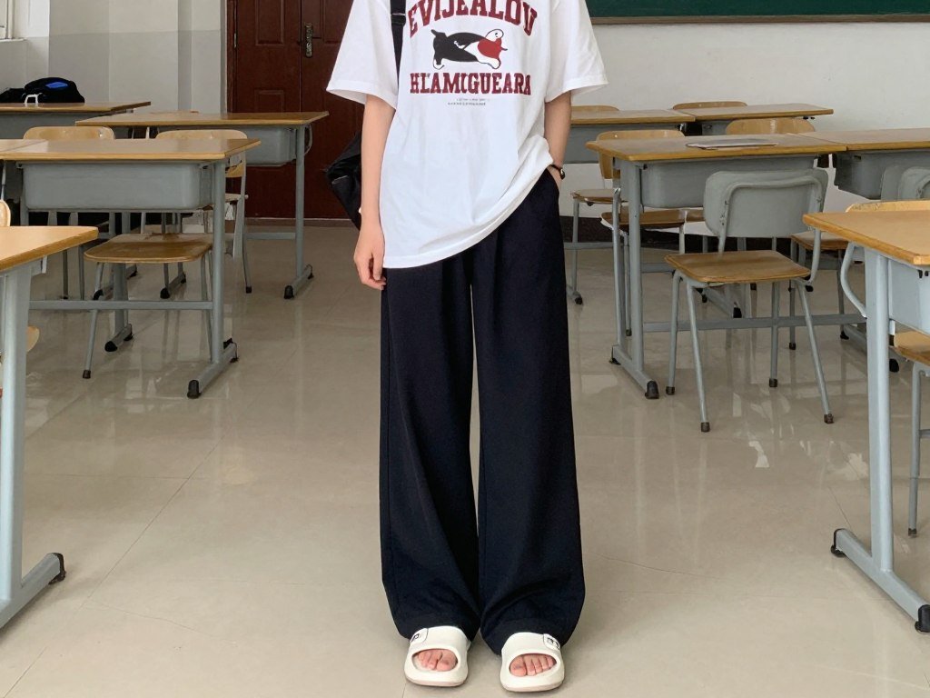 Student wearing a graphic tee with wide-leg lounge pants and slides