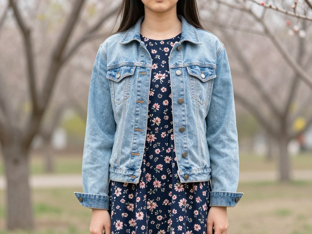Student wearing a light denim jacket over a floral dress for spring school style