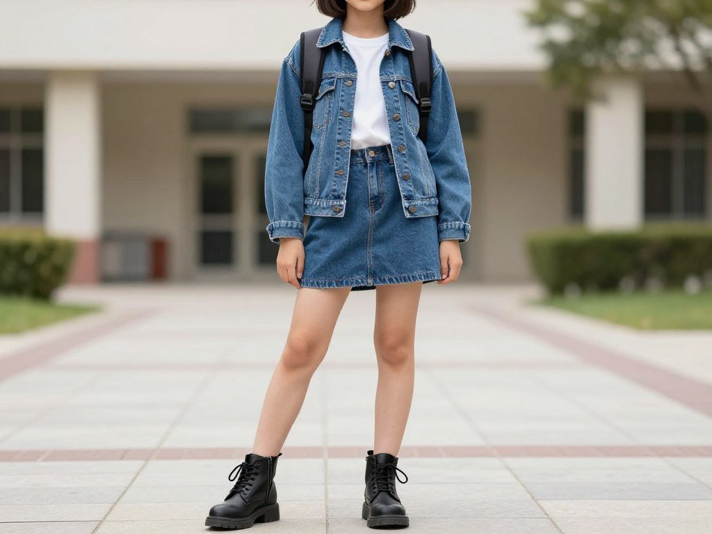 Student wearing a matching set with a denim jacket and ankle boots