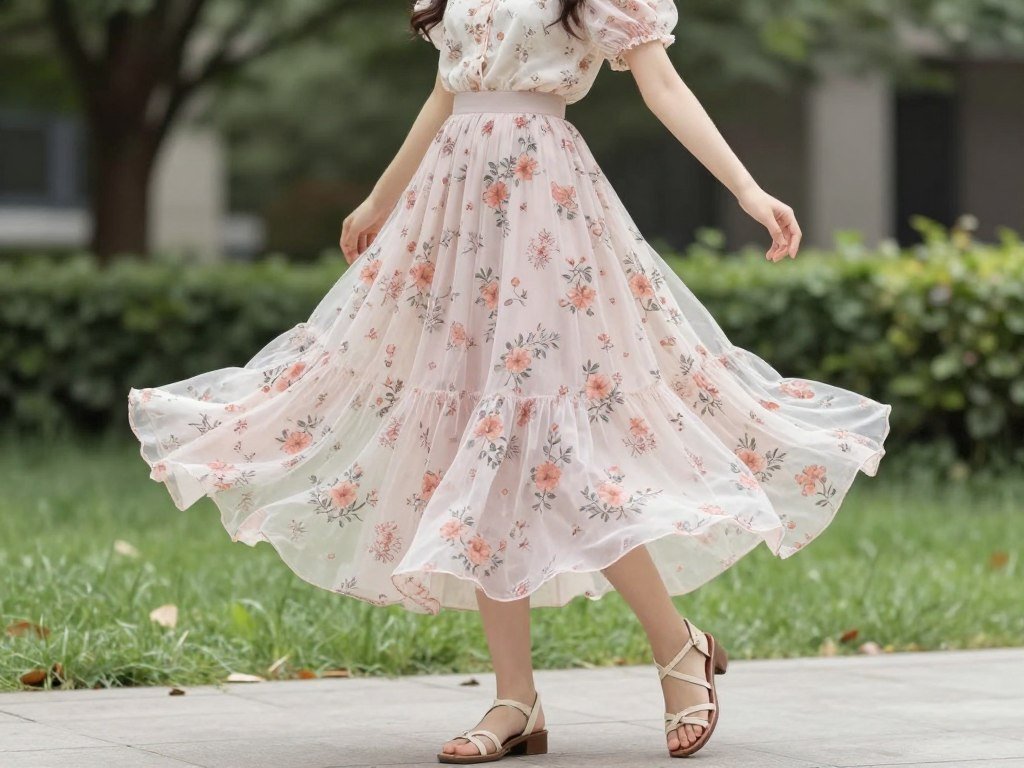 Student wearing a maxi skirt with a floral top and strappy sandals