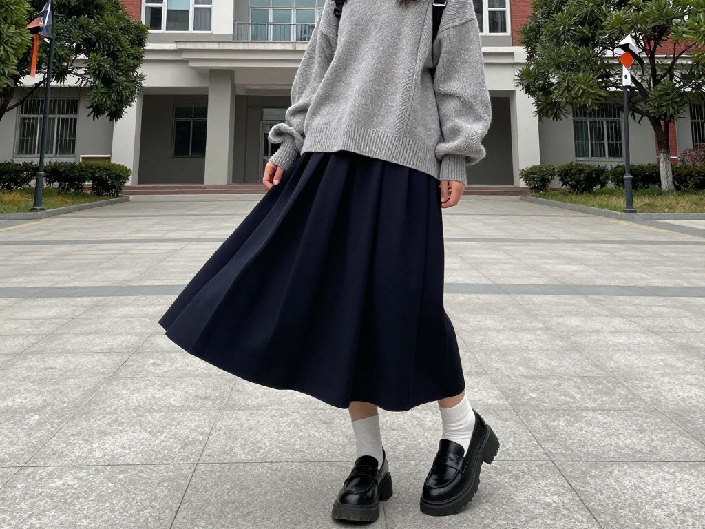 Student wearing a maxi skirt with an oversized sweater and chunky loafers