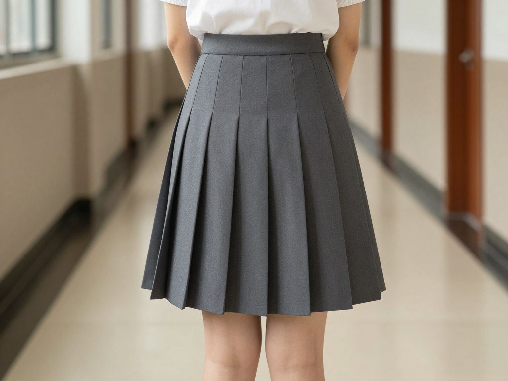 Student wearing a pleated skirt with a collared sweater and ballet flats